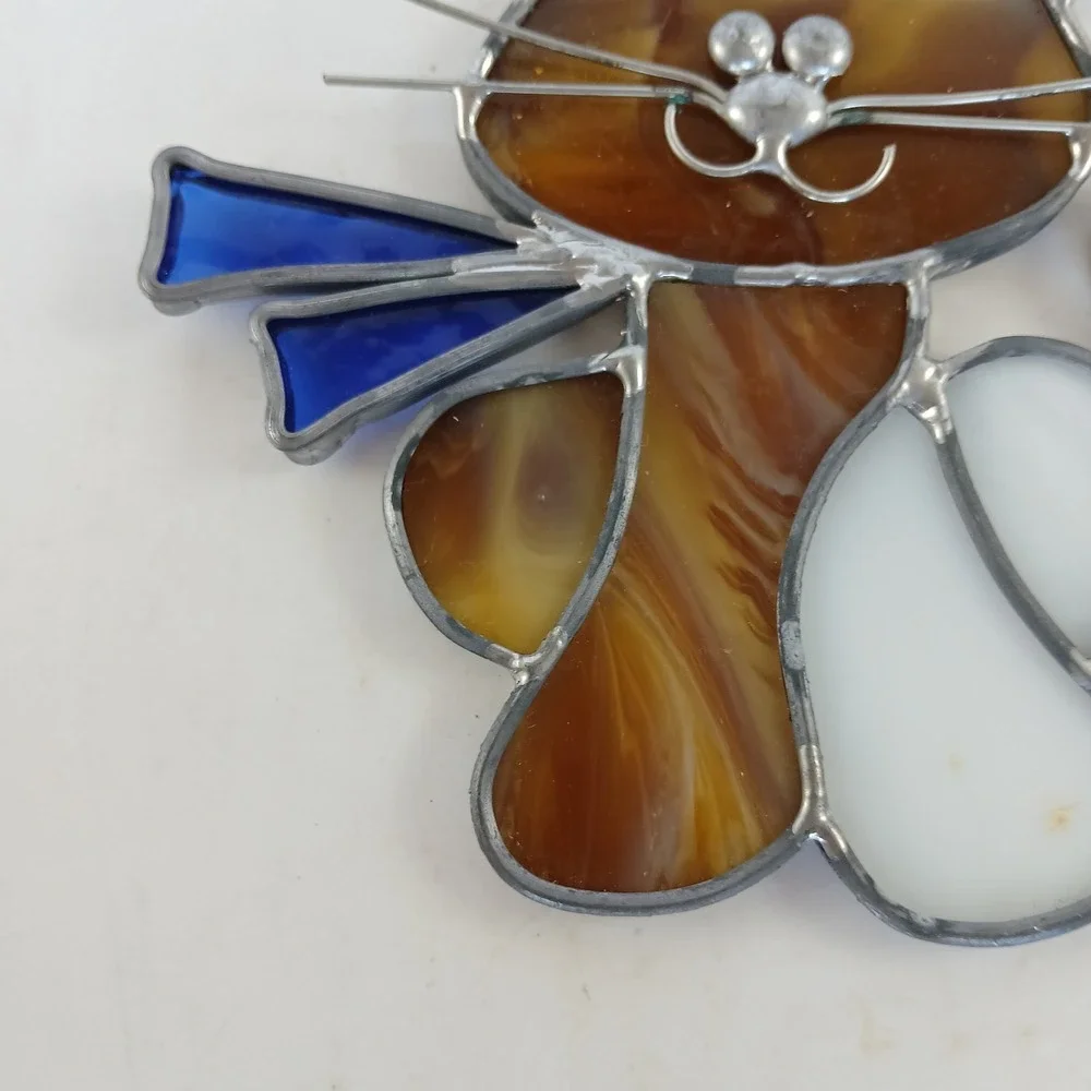 Stained Glass Window Suncatcher Cat Brown White Blue Scarf Hanging Handmade